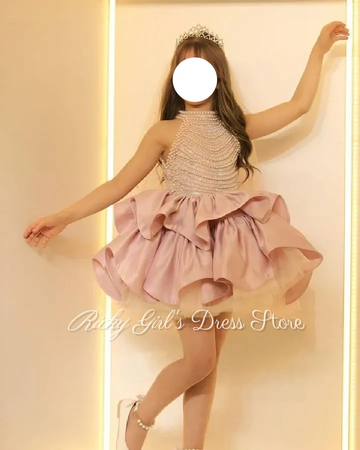 Customized Pink Pearls Flower Girl Dress For Pageant Birthday Mini Ruffles Skirt Gown Halter Neck Ruched Bodice Ball Gown
