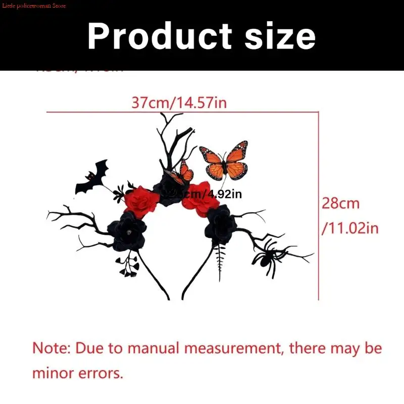 F92D Halloween Deer Antlers adtlers ที่มีรายละเอียดผีเสื้อค้างคาวและเครื่องประดับผมสาขาดอกไม้สีดำสำหรับงานปาร์ตี้เครื่องแต่งกาย