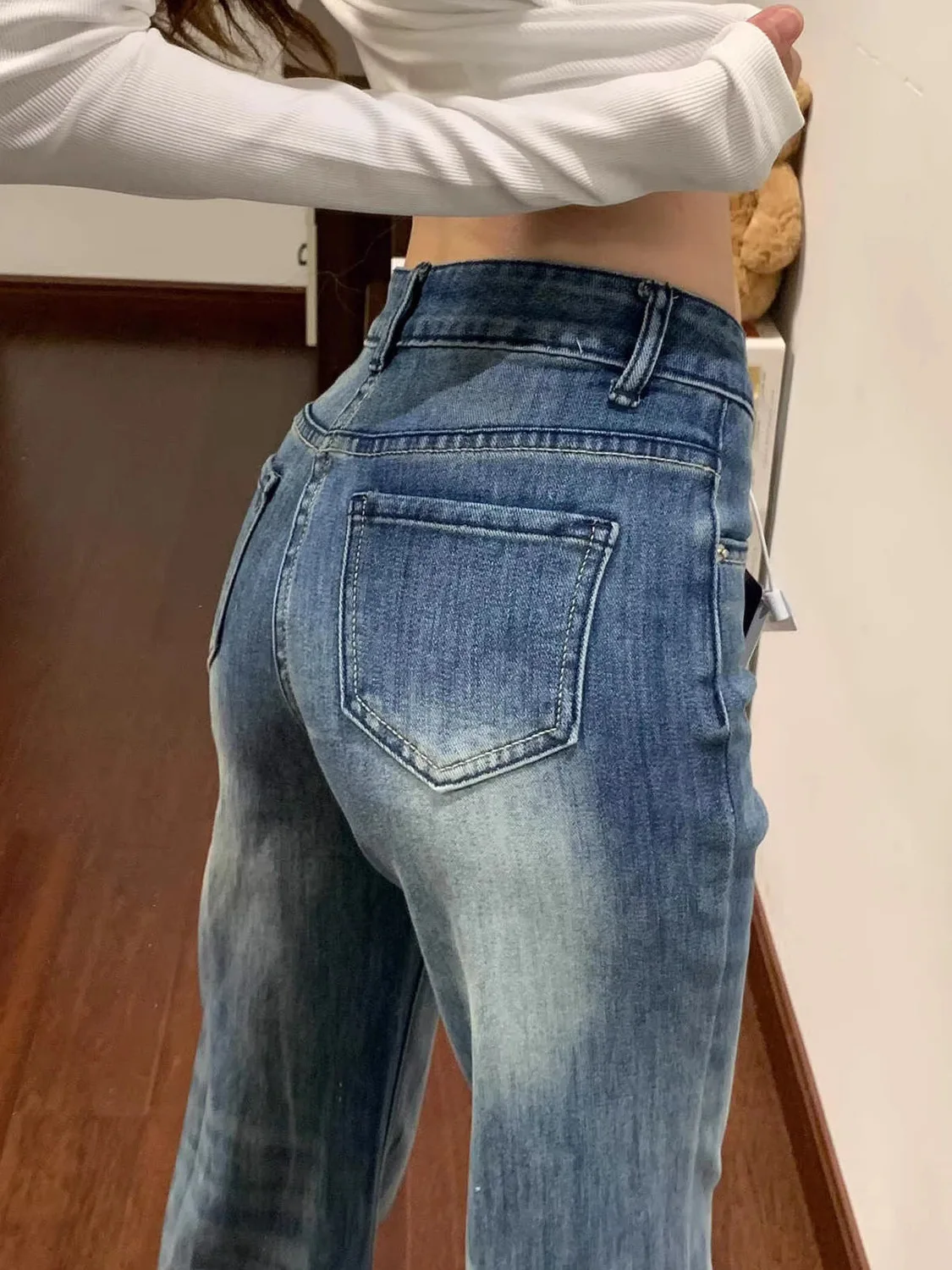 Women's High-Waisted Slightly Flared Jeans Vintage Gradient Wash Bootcut Denim Pants S-3XL