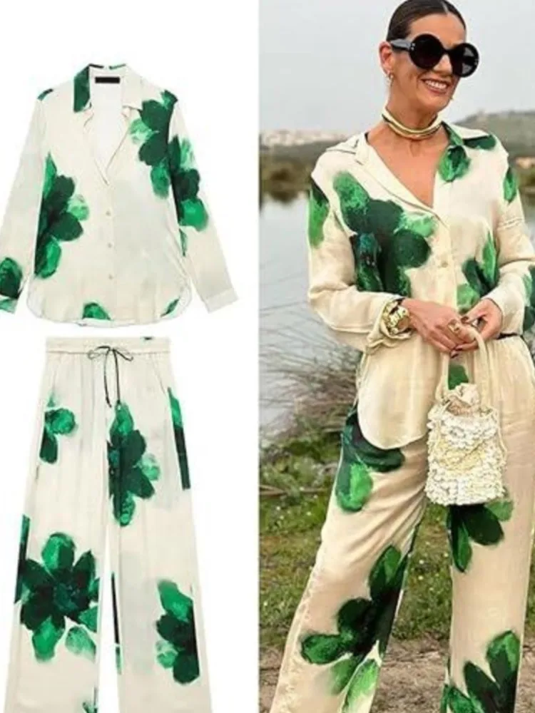 Fashion Large Flower Print Blouse And Wide Leg Pant Set Loose Shirts Top+Elastic Waist Pocket Trouser Chic Spring Two Piece Set