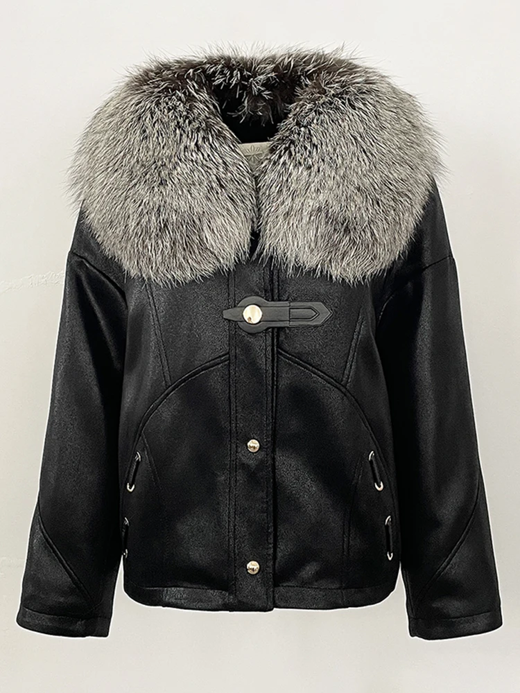 เสื้อแจ็คเก็ตผู้หญิงบุขนห่าน แต่งปกขนสุนัขจิ้งจอกแท้ ผ้าหนังกลับ รุ่นใหม่ประจำปี 2025 เสื้อผ้าฤดูใบไม้ร่วงและฤดูหนาว เสื้อแจ็คเก็ตพัฟเฟอร์ขนสัตว์สำหรับผู้หญิง