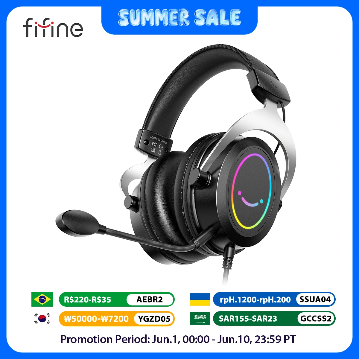 Casque de jeu FIFINE avec contrôle dynamique rvb/micro/en ligne, coussinets d'oreille en mousse à mémoire de forme Ultra douce, pour ordinateurs portables PC PS4 PS5 Xbox-H3