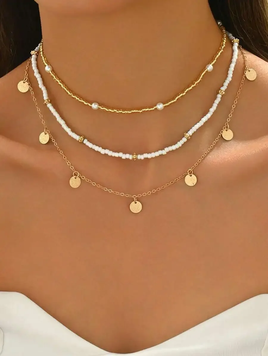 

3pcs Layered Choker Necklace With Faux Pearl Beads And Coin Charms For Women