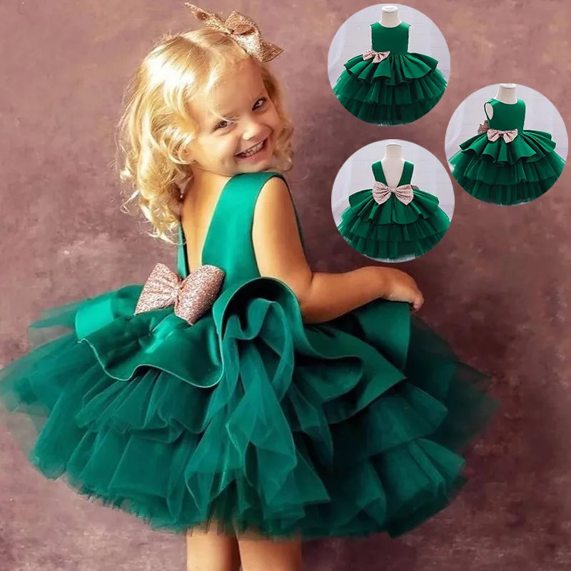 Baby Girl Bow Dresses Infant Flower Wedding Dress Elegant Princess Party Clothing Toddler Kids Birthday Baptism Formal Gala Gown