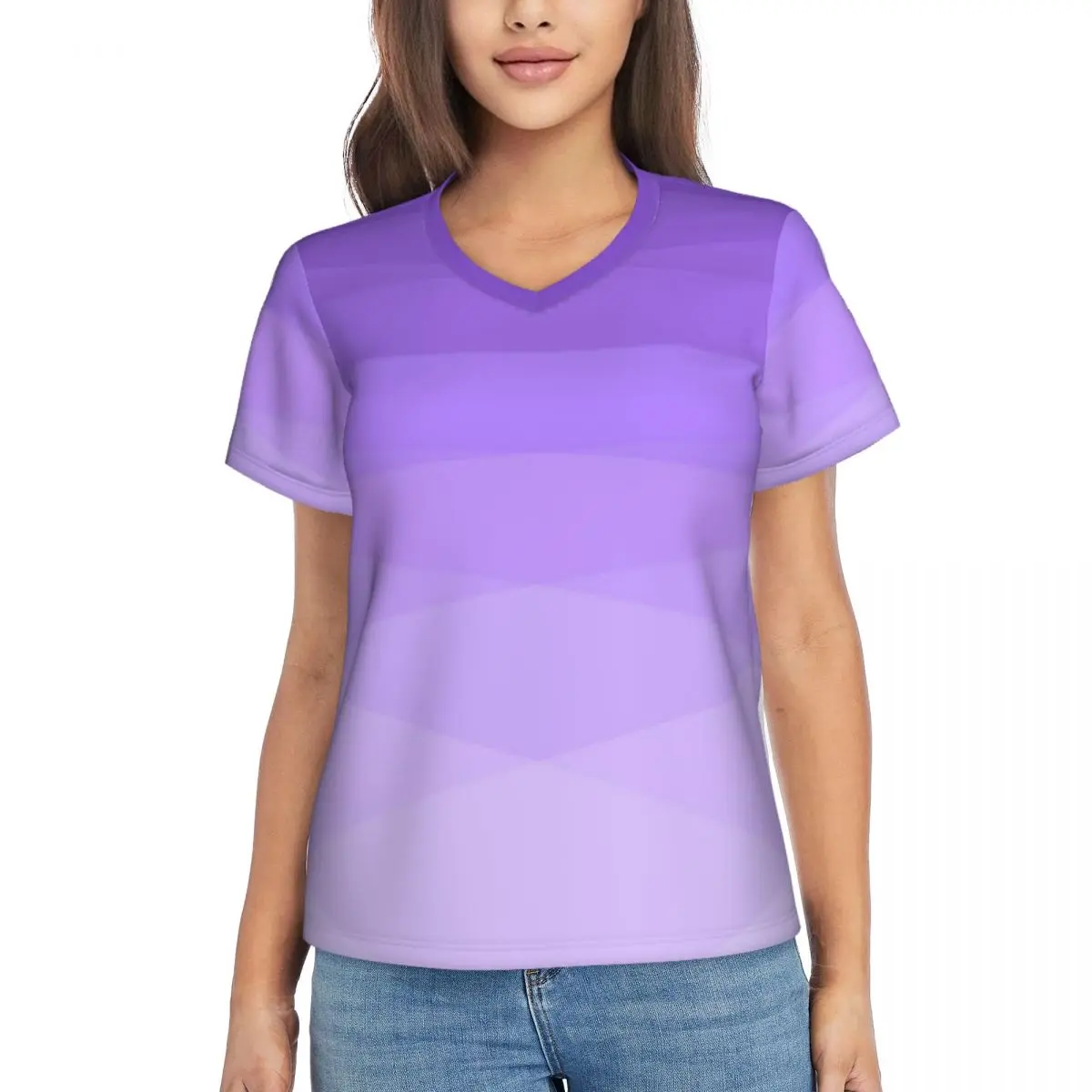 Ombre Polygonal T-Shirt Gradient Purple Y2K Modern T Shirts Female V Neck Basic Tshirt 2024 Summer Short Sleeves Custom Top Tees