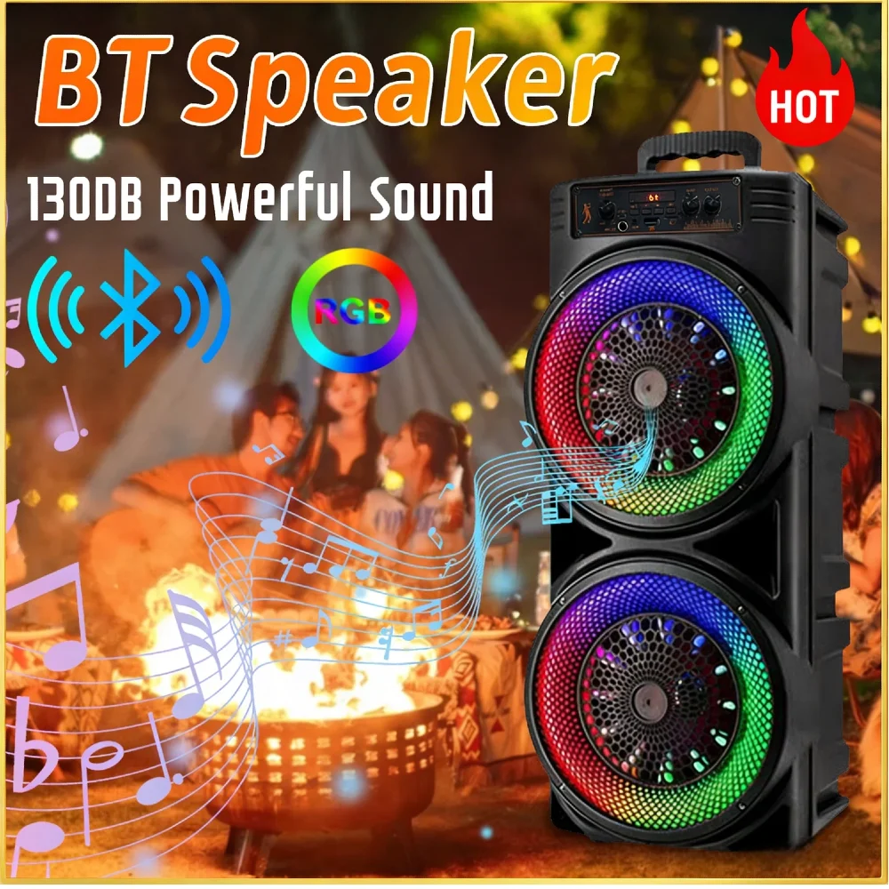 

BT Speaker with Double Subwoofer Deep Bass RGB Music Sync Lights Loud Boombox 2400mAh Long Playtime for Outdoor Party Live Perfo
