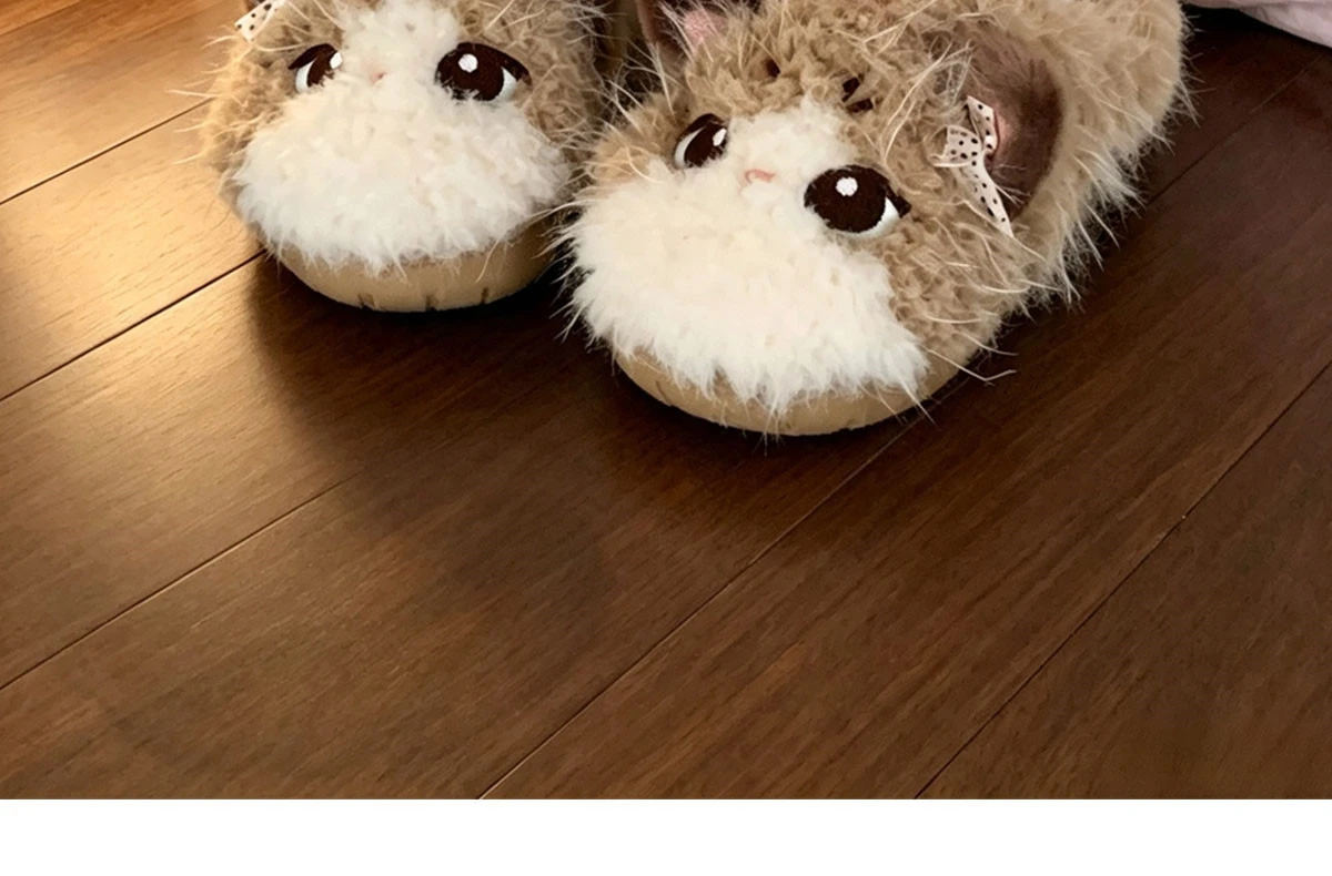 Neue Mädchenhafte Cartoon-Katzen-Hausschuhe für Damen, Flauschige Plüsch-Polka-Dot-Schleifensandalen, Kawaii Große Augen Kätzchen Warme Hausschuhe – Detail 8