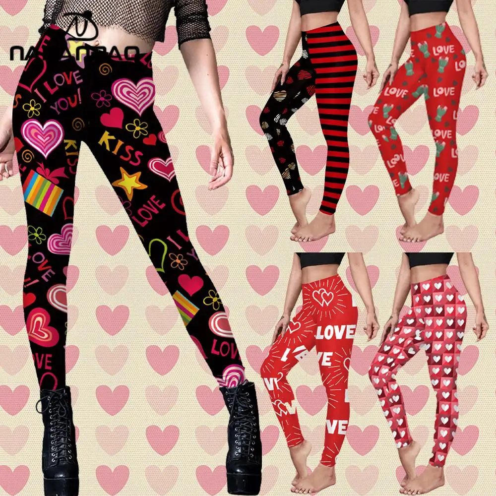 

Nadanbao Women's Leggings Heart Love Stripe Print Women Leggings Mid Waist Sexy Tights Girls Trousers Gym Workout Pants