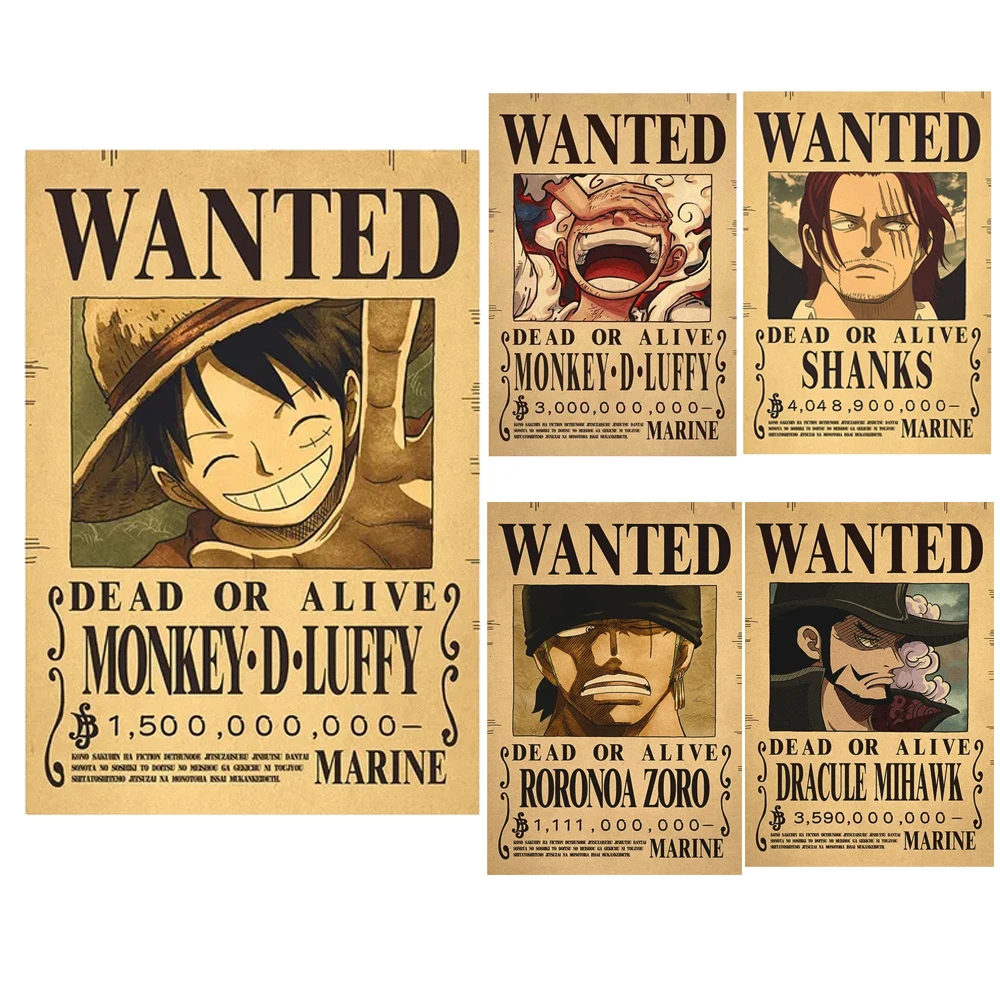 One Piece Luffy Gear 5 Sun God Nika Zoro Buggy Bounty Wanted Posters Four Emperor Figure Vintage Wall Decoration Poster