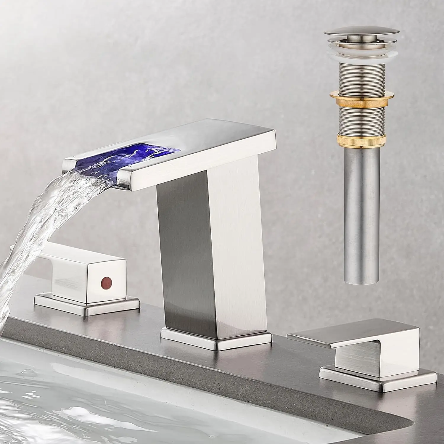 

Modern LED Waterfall Bathroom Faucet, Brushed Nickel, 8-Inch Widespread Touch On with Temperature Indicator