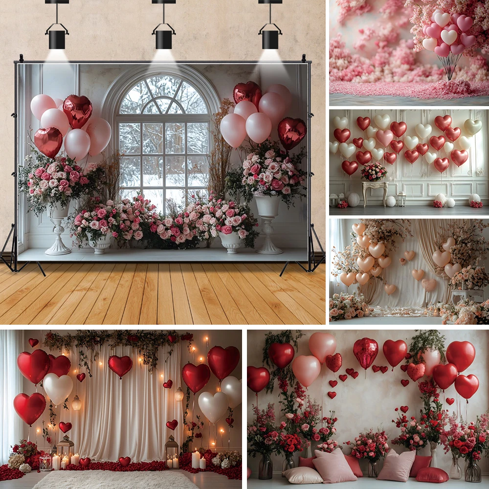 Heart Balloon Wedding Photo zone Background Pink Red Roses Balloon Arch Curtain Valentine's Day Party Backdrop Photo Booth Props