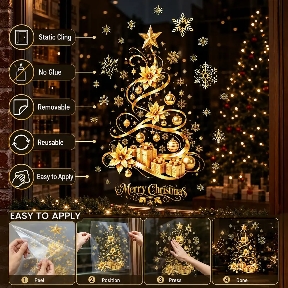 Gold Pattern Christmas Window Clings Removable No Glue Christmas Tree Stickers Snowflake Static Cling Stickers