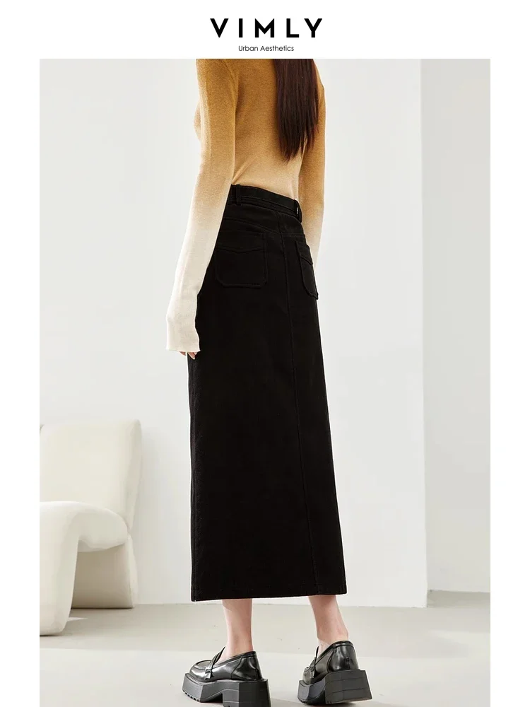 Vimly Black Corduroy Maxi Skirt 2023 Winter New Thick Straight Split Long Skirts Elegant Office Lady Solid Female Clothing M5820