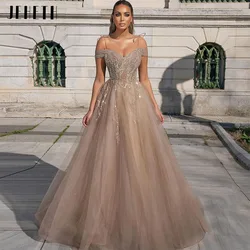 JEHETH Shiny Crystal Long Tulle Prom Dresses 2022 Sexy Off Shoulder Lace Appliques A Line Saudi Arabic Party Evening Dresses