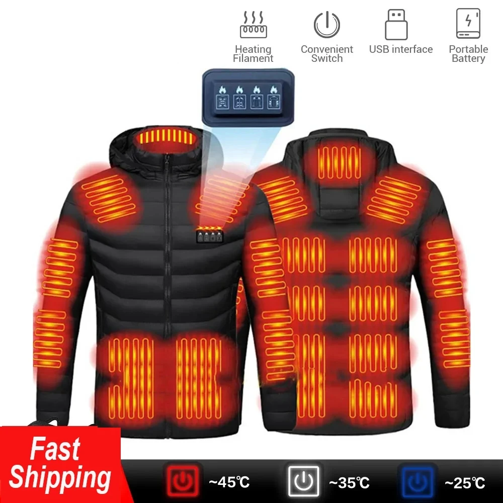 2023 New Men Heated Jackets Outdoor Coat Long Sleeve USB Electric Battery Heated Jackets Warm Winter Thermal Hooded Clothes