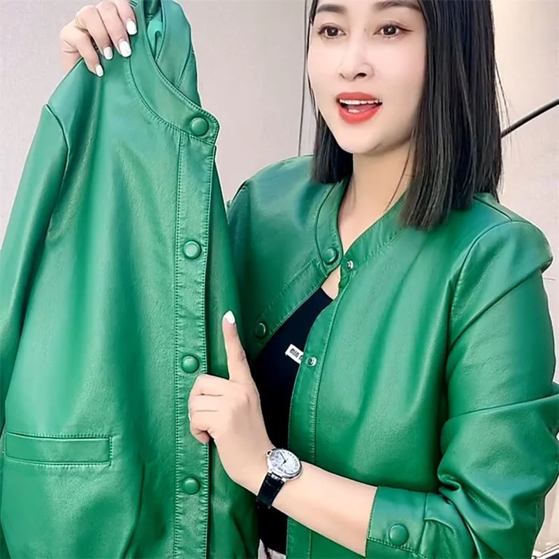 Spring Autumn PU Leather Coat For Women Leather Jacket NEW Loose Leisure Temperament Fashion Ladies Leather Coats Short Top 4XL