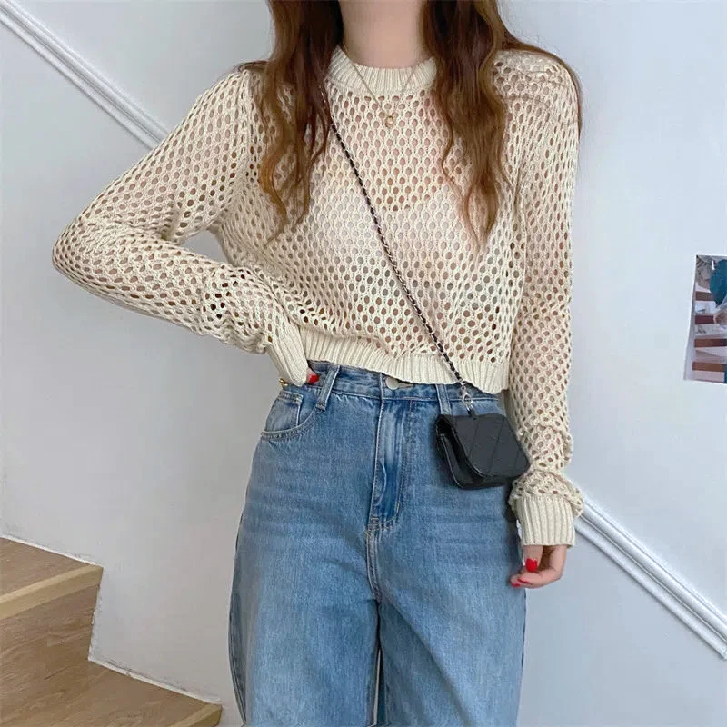 

Women Hollow Out Knit Sweater Y2K Loose Smock Crop Tops Mesh Pullovers Casual Long Sleeve Crew Neck T-shirt Fashion Streetwear