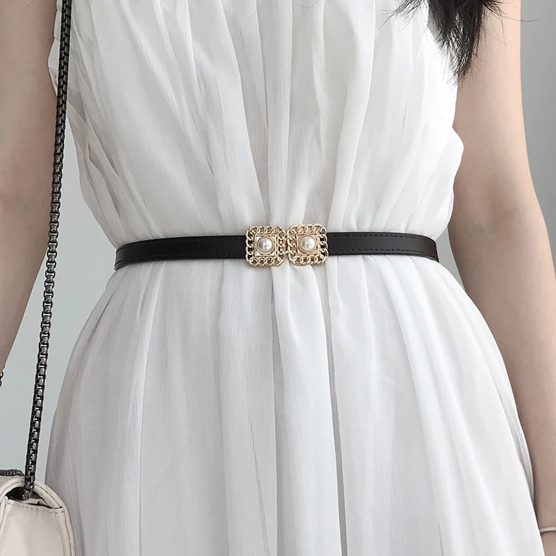 New Women Skinny Dress Cinch Belt Pearl Decorative Stylish Waistband Gold Buckle Retro Small Waist Belts