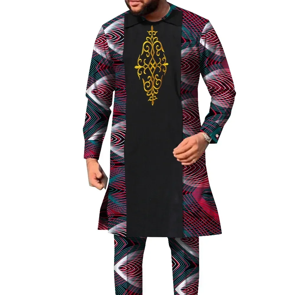 2 Pcs Set African Outfits for Men Long Sleeve Dashiki long Shirt and Pants African Print Clothing Patchwork Men Suit WYn1858