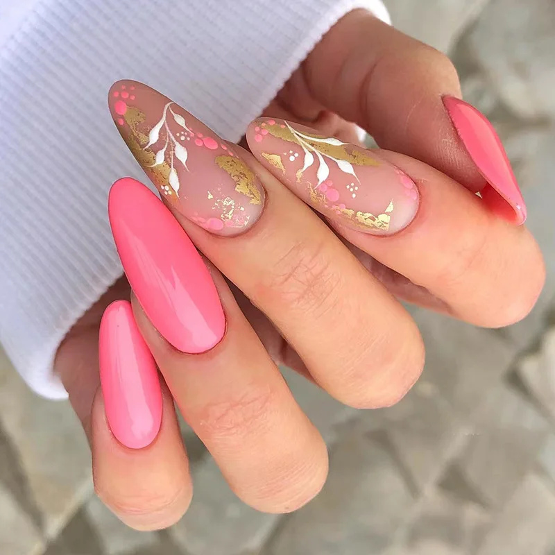 24Ps/Set Almond Slant Gold Line Lotus Pink Fake Nails Artificial Professional Material art False Nail Supplies For Professionals