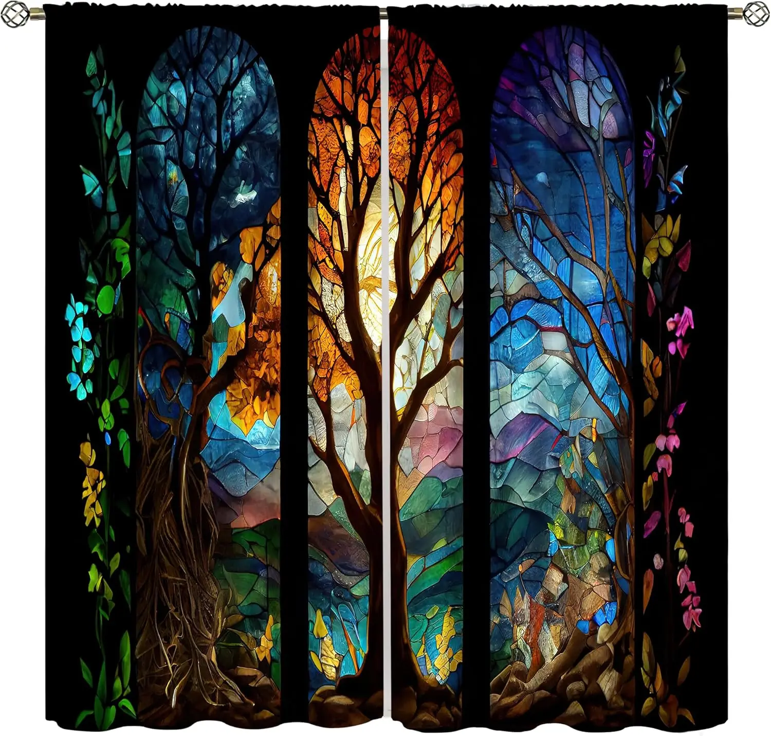 Stained Glass Curtains Mid Century Color Patchwork Trees Flowers Abstract Art Window Treatments for Bedroom Kitchen Living