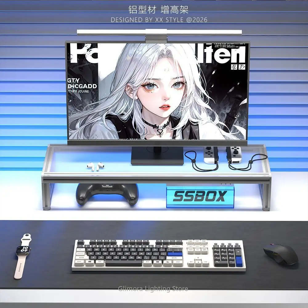 Aluminum & Acrylic Monitor Stand Riser with Storage Tray, Ergonomic Desktop Organizer for Home Office