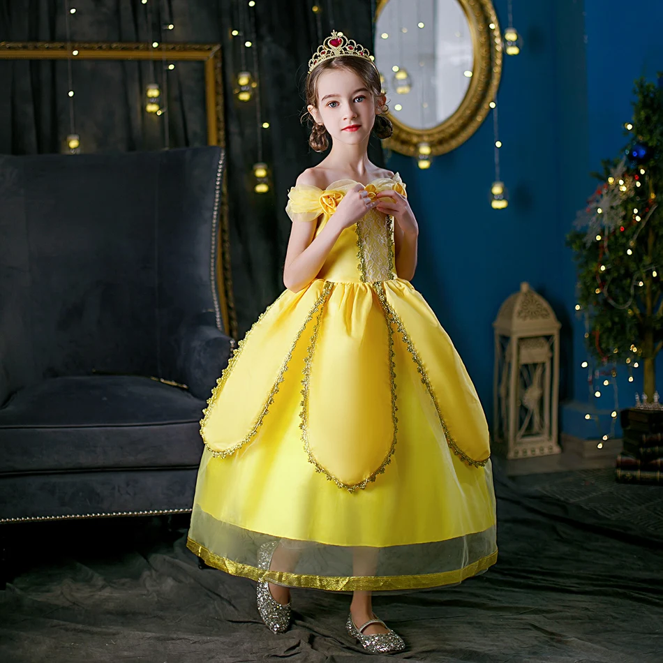 Belle Cosplay Prinzessin Kleid Kinder Halloween Karneval Schulterfrei LED Gelbes Licht Ballkleid Floral Rose Geburtstag Mädchen Kostüm