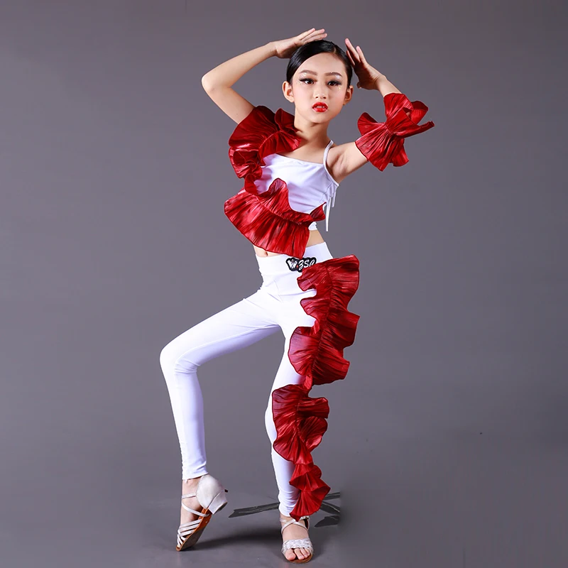 Kids Performance Dancing Clothes Girls Ruffled Top Pants Latin Dance Competition Costumes Children'S Practice Wear XS5563