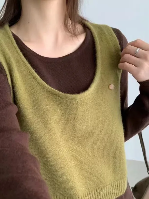 

Women's Knitted Long Sve Base irt And Vest Two-Piece Set Design Sensation Layering Autumn New Sle Faionable Outfit