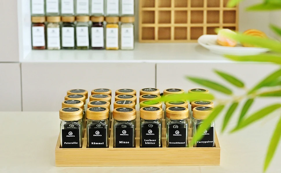 Natural Bamboo Spice Rack With 24 Square Glass Spice Jars And 180 Black Labels, Spice Organizer For Easy Move