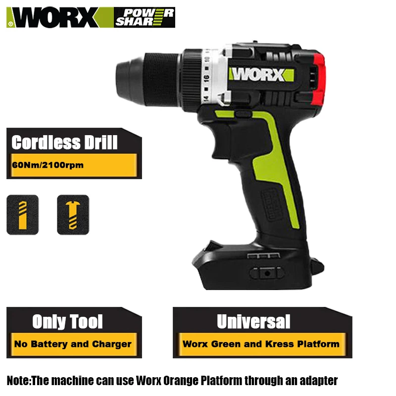 

WORX WU182 Аккумуляторная дрель BareTool, бесщеточная, 20 В, 60 Нм, 2100 об/мин, металлический патрон 13 мм для деревообработки, металлообработки, вспомогательной платформы Kress