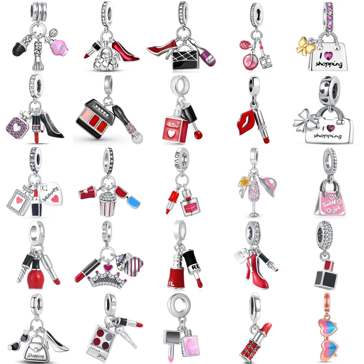 925 Sterling Silver Fashion Charms Lipstick Nail Polish Makeup Brush High Heels Shopping Bag Crown DIY Jewelry Gift For Girls