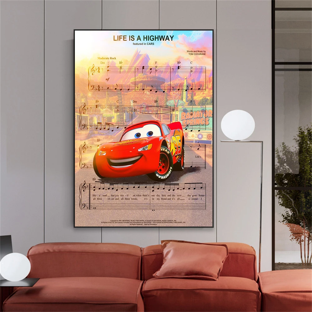 Disney Cars Movie Art Poster Lightning McQueen Cartoon Canvas Painting Sheet Music Prints Nursery Home Kids Room Decor