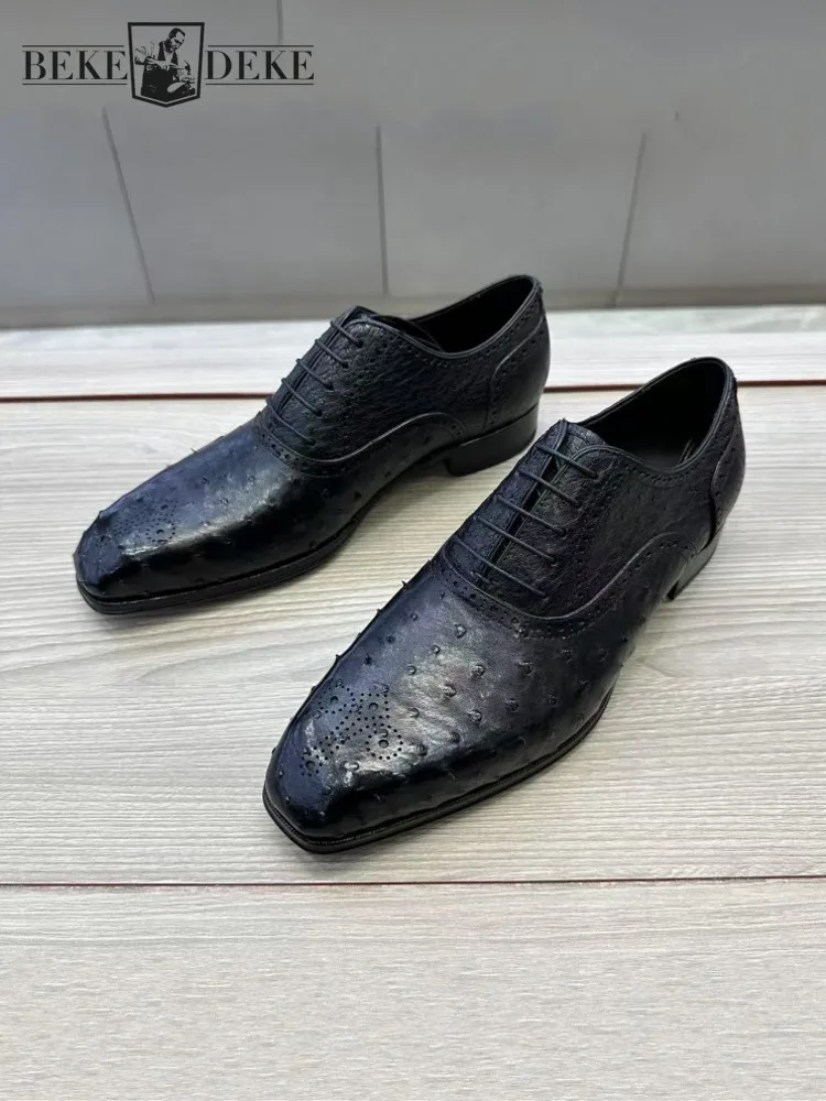 Mens Square Toe Breathable Ostrich Leather Lace Up Business Ostrich Genuine Leather Designer Formal Dress Shoes Oxford Shoes