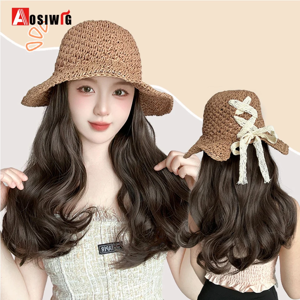 

AOSI Synthetic Fluffy Long Curly Wave Hair Wigs With Hat Braided Women Sun Visor Bowknot Straw Spring and Summer Hat Wig