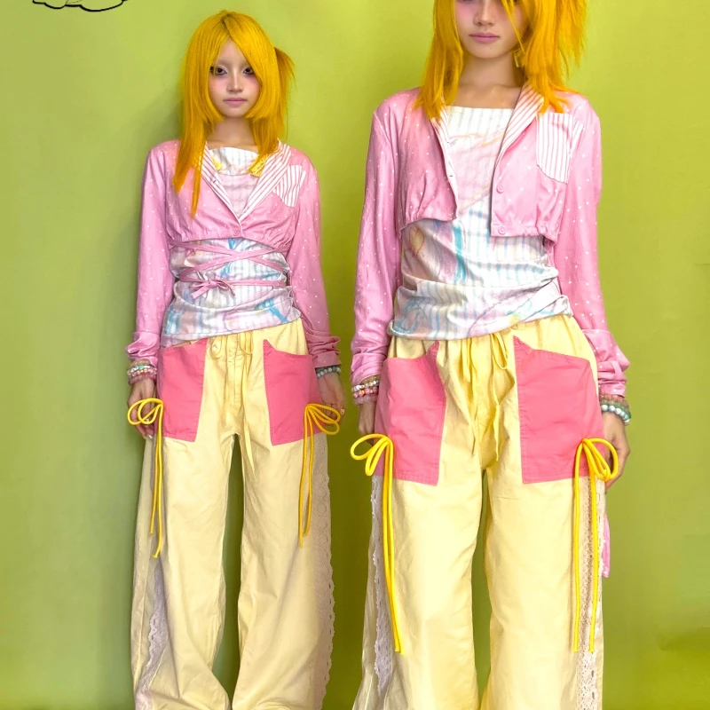 Original Design Pink Polka Dot Striped Splicing Lace-up Women's Jacket Spring Summer Autumn Sweet Cute Retro Short Coat Ladies