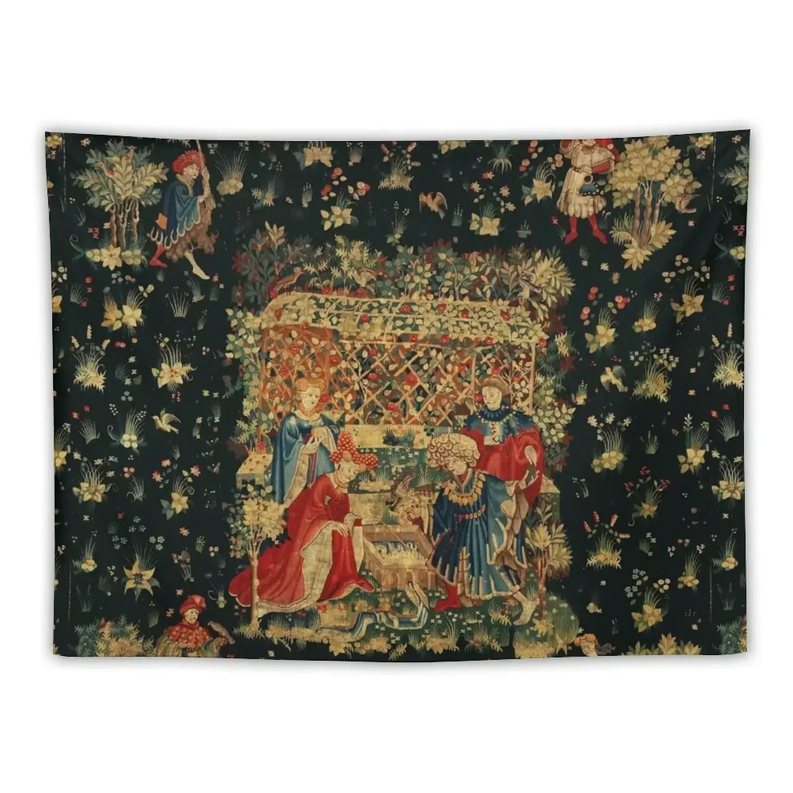 

FALCONS BATH Red Blue Antique Medieval Tapestry Decorative Wall Murals Wall Coverings Tapestry