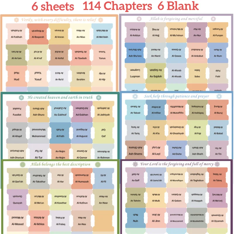 120 قطعة من علامات تبويب مؤشر القرآن الكريم - 114 فصول و6 فارغة، ذاتية اللصق، 6 أوراق مغلفة لعلامات القرآن الكريم - مقاومة للتمزق، طباعة واضحة لـ #5