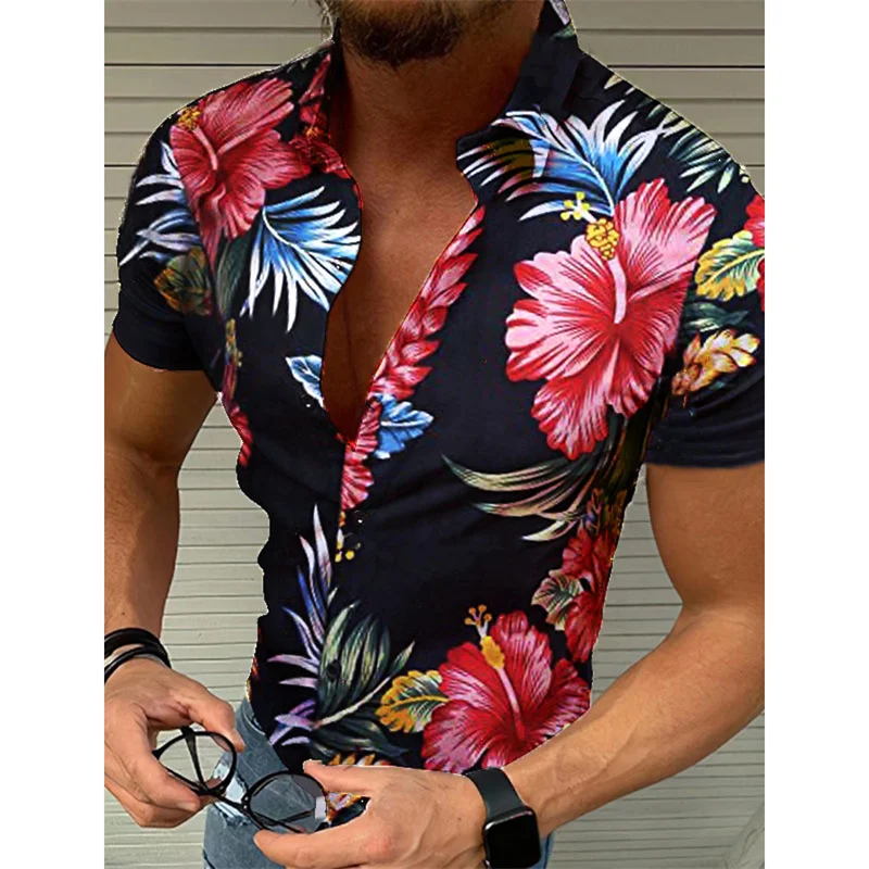 

Floral Leaf Pattern Hawaiian Shirt For Men Colorful Plant 3D Printed Aloha Shirts Loose Breathable Lapel Blouses Short Sleeves