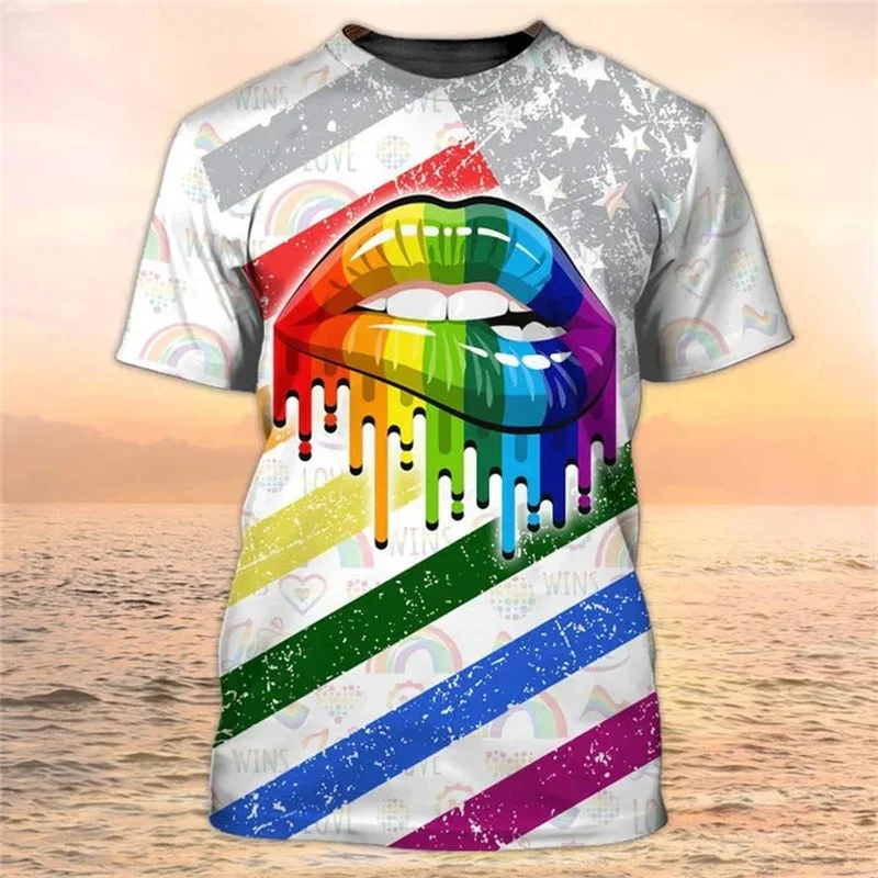 

Футболка с радужным принтом LGBT, футболка с рисунком сексуальных губ, унисекс, уличная модная футболка в стиле хип-хоп с короткими рукавами, пляжная одежда, костюм для серфинга