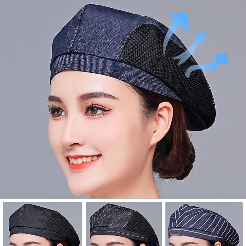 Beret Hat for Chef Men Women Breathable Mesh Striped Denim Kitchen Cap Bartender Coffee Catering