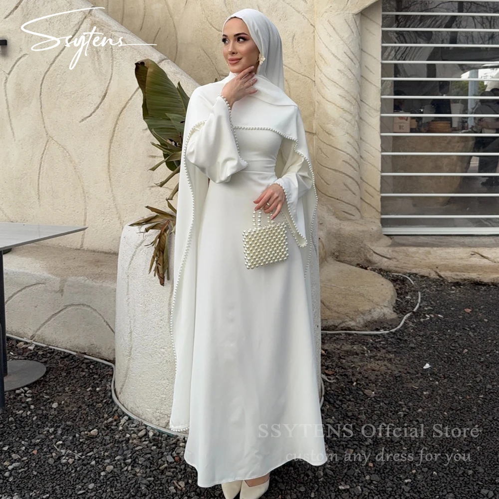 SSYTENS Modest Ivory Evening Dresses Bride Dress Long Formal Prom Gowns Shawl Pearls Elegant Wedding Party Dresses Customized