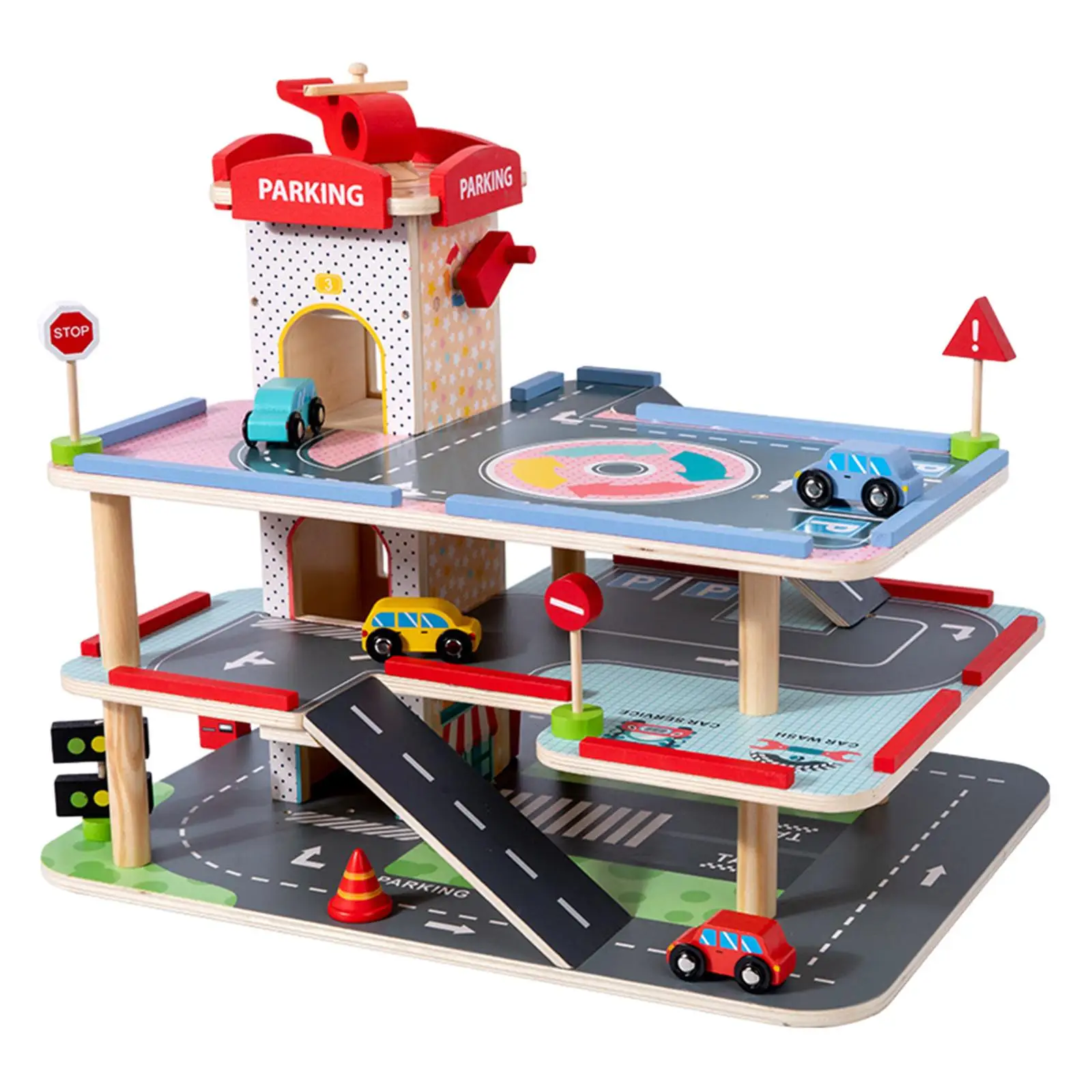 Wood Parking Garage Playset Educational Toy 3 Level Race Track Car Toy for Party Toy Kids Age 3 4 5 6 Year Old Boys Girls