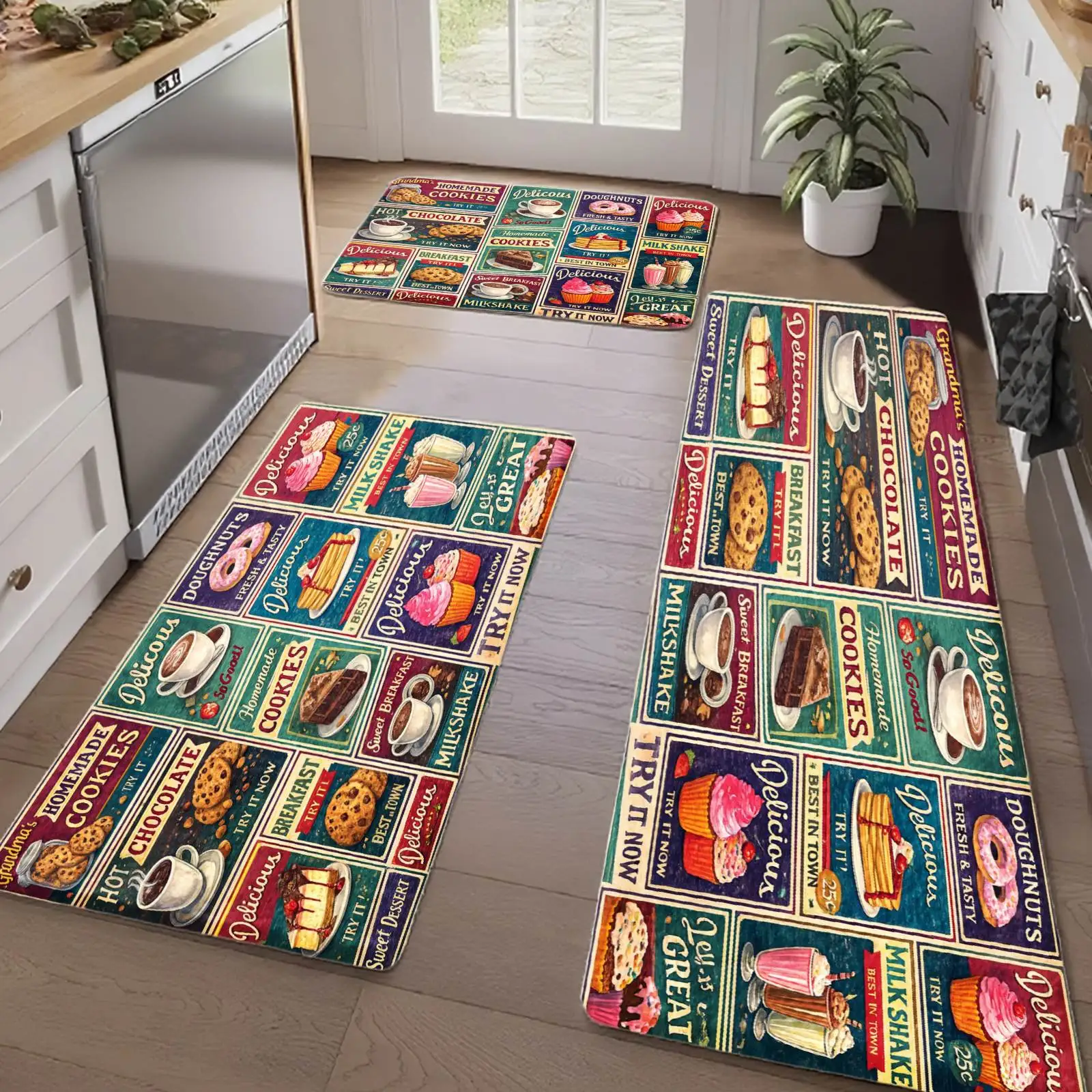 Vintage Checkered Dessert Coffee Printed Carpet L-shaped Kitchen Carpet American Retro Living Room Bedroom Welcome Doormat