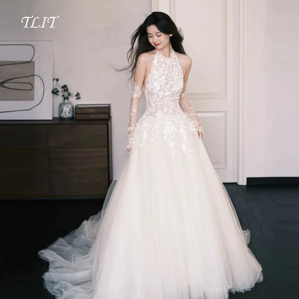 TLIT 2025 فستان زفاف أنيق من الدانتيل العاجي رسن تول بدون أكمام زي العرائس فستان زفاف كوري لالتقاط الصور حسب الطلب