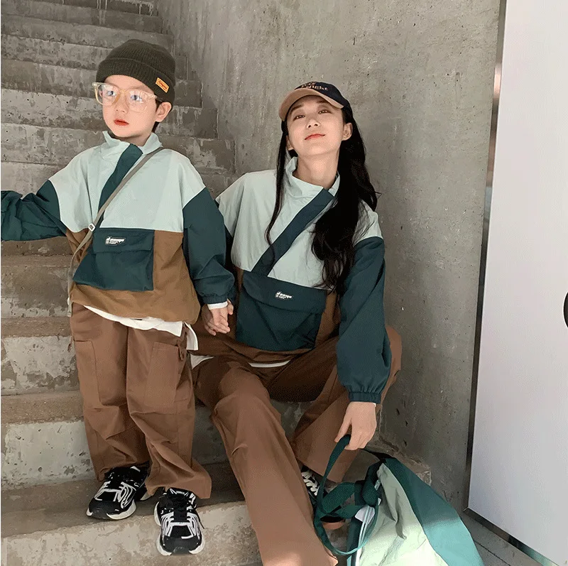 Play Parent-Child Outfits Together, Korean Version Of Mother Child Women's Clothing, Autumn New Contrasting Color Charging