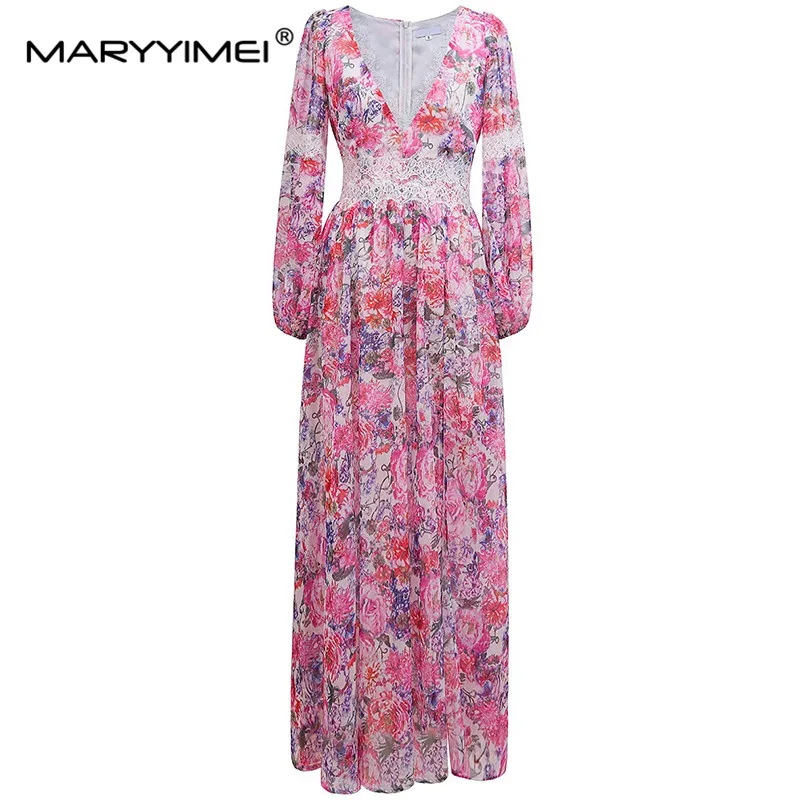 

MARYYIMEI Spring summer Fashion Women's dress V-neck Lantern Sleeve Sexy lace Floral Print Bohemian vacation Split Dresses