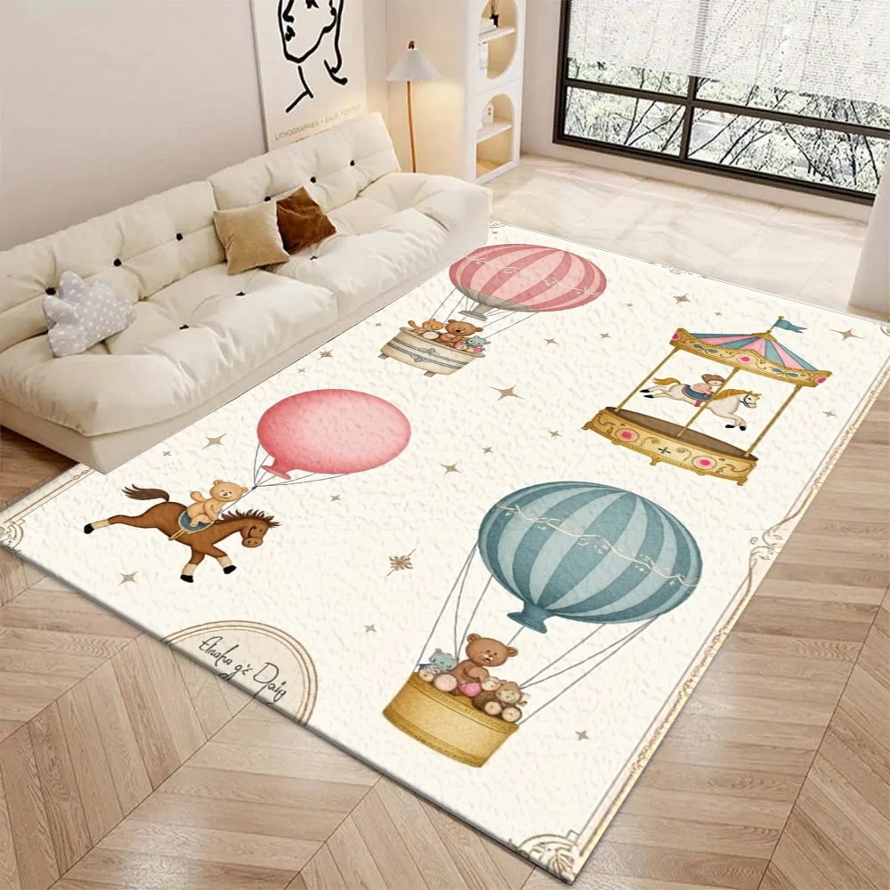 Vintage Carousel Hot Air Balloon Carpet Flooring Retro Bear Toy Merry‑Go‑Round Illustration Printed Floor Rug for Living Room Household Decor