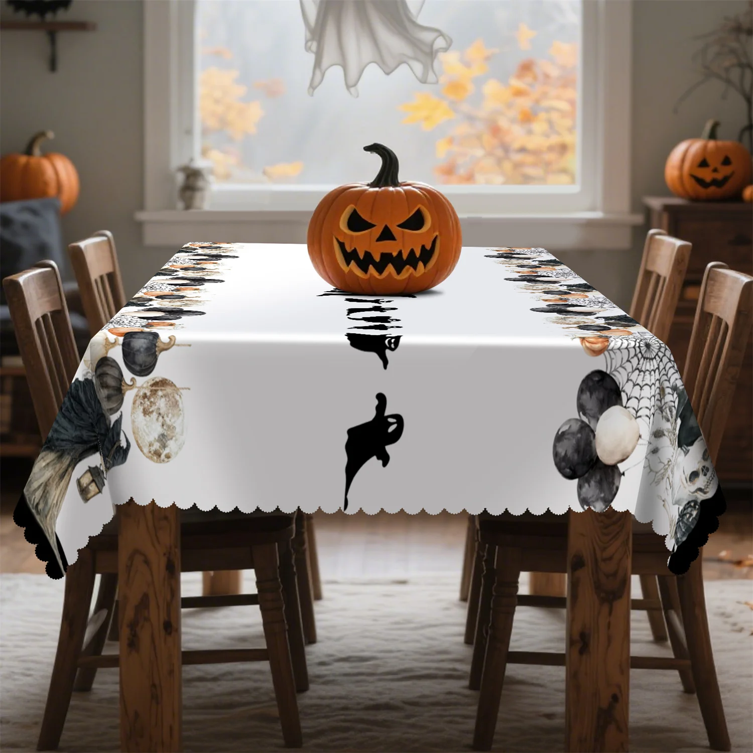 Witch vase pumpkin skull spider web crow candle Halloween tablecloth washable - Party decoration, suitable for diningzyc