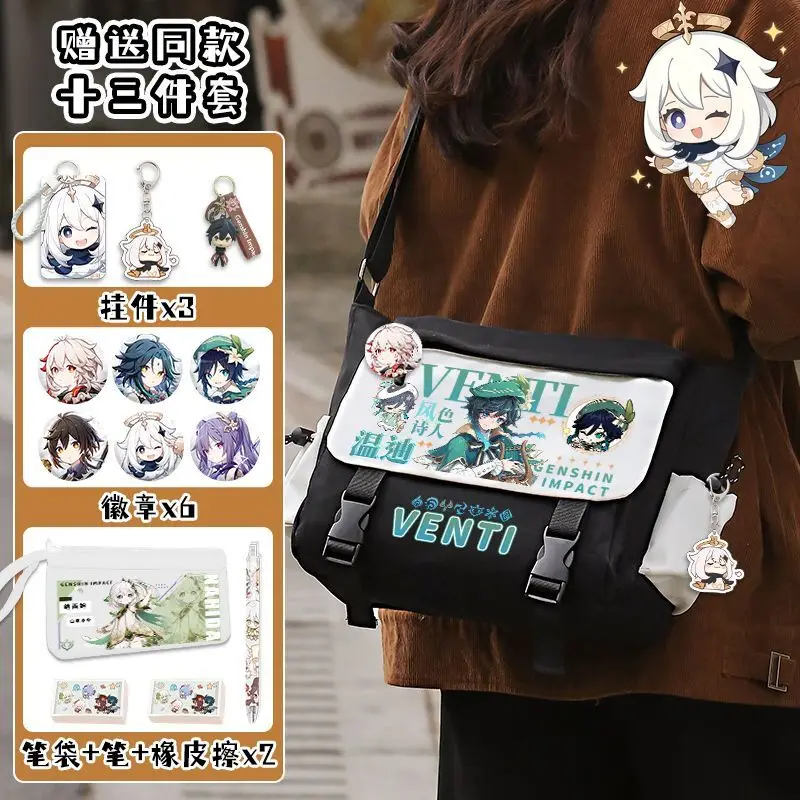 Genshin Impact Anime Sing Shoulder Zhongli Hu Tao Large Capacity Ementary Midd School Boys Girls Canvas Crossbody Bag Ani